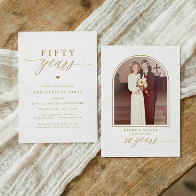 Invitation Gold Script Elegant 50th Wedding Anniversary Party (Elegant simple 50th Wedding anniversary invitations with arch photo on back.)