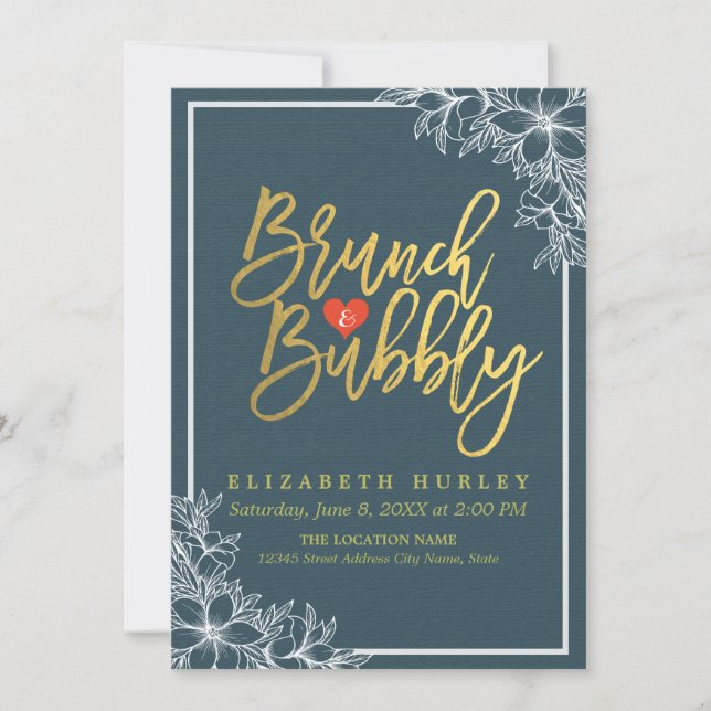 Invitation Gold Script Floral Brunch Fête des mariées Bubbly (Devant)