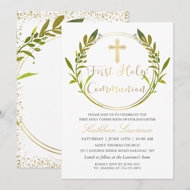 Invitation Gold Script Green Wreath Première communion sainte (Devant / Derrière)