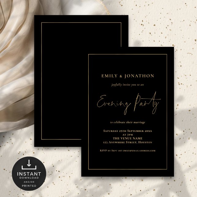 Invitation Gold Script Line mariage Black Evening Party (Front and back view)