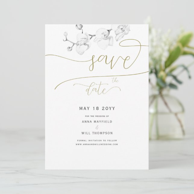 Invitation Gold Script Modern Orchid Wedding Enregistrer la d (Debout devant)