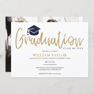 Invitation Gold Script Navy Blue Photo Graduation Party