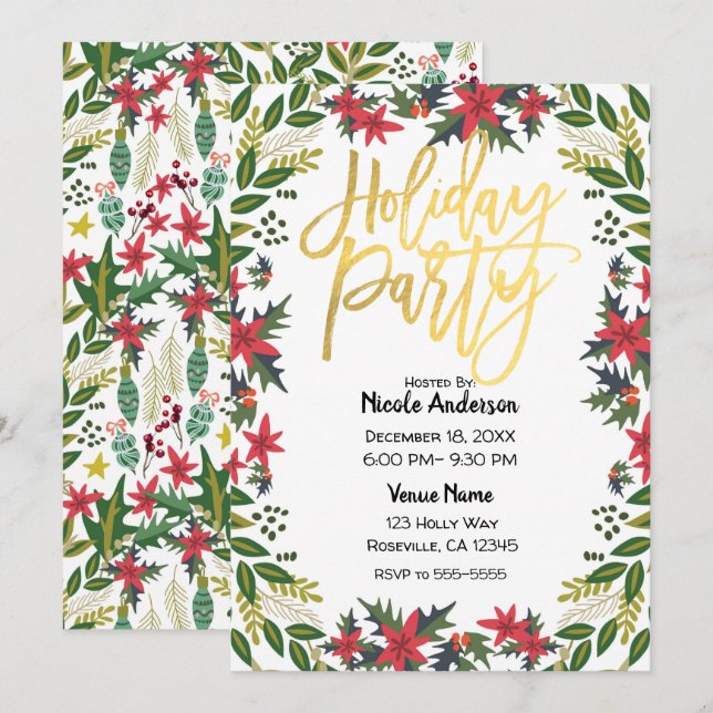 Invitation Gold Script Noël Fête Florale Rustique (Devant / Derrière)