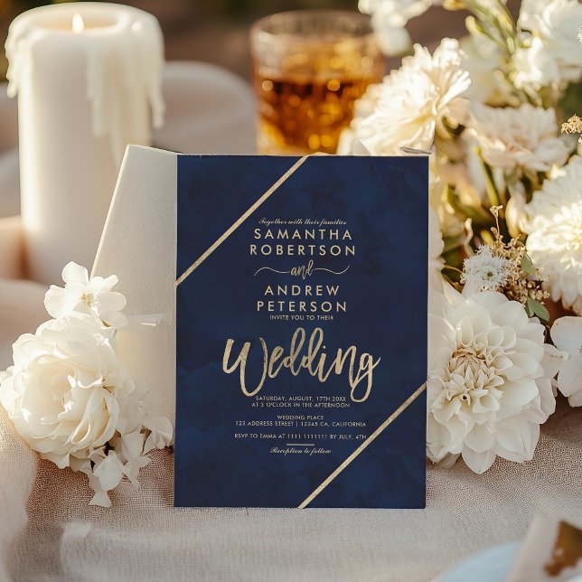 Invitation Gold script rayures marine bleu aquarelle mariage (Gold script stripes navy blue watercolor wedding invitation)