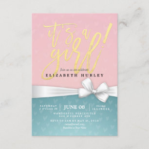 Invitation Gold Script White Ruban bleu rose Baby shower
