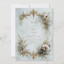 Gold Scroll Frame White Floral Dusty Blue Wedding