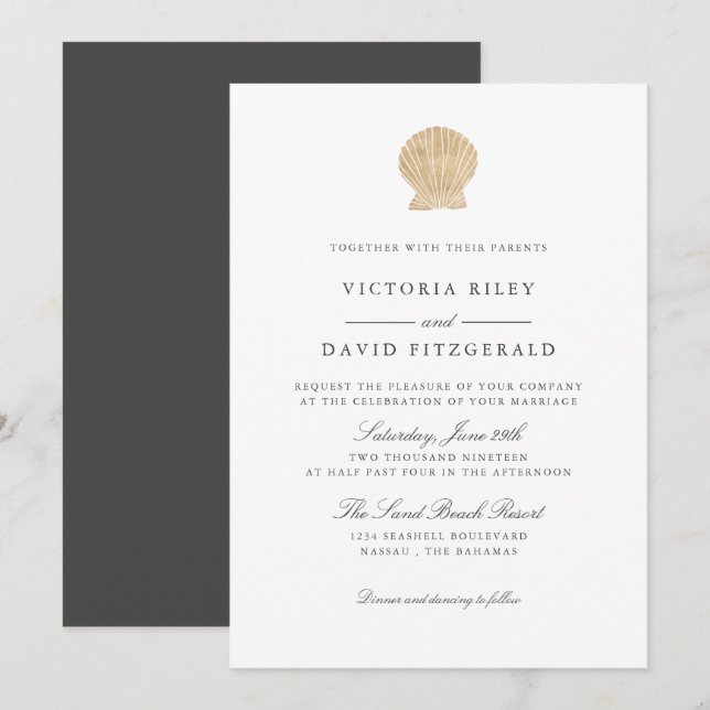 Invitation Gold Seashell Elegant Ocean Beach mariage (Devant / Derrière)