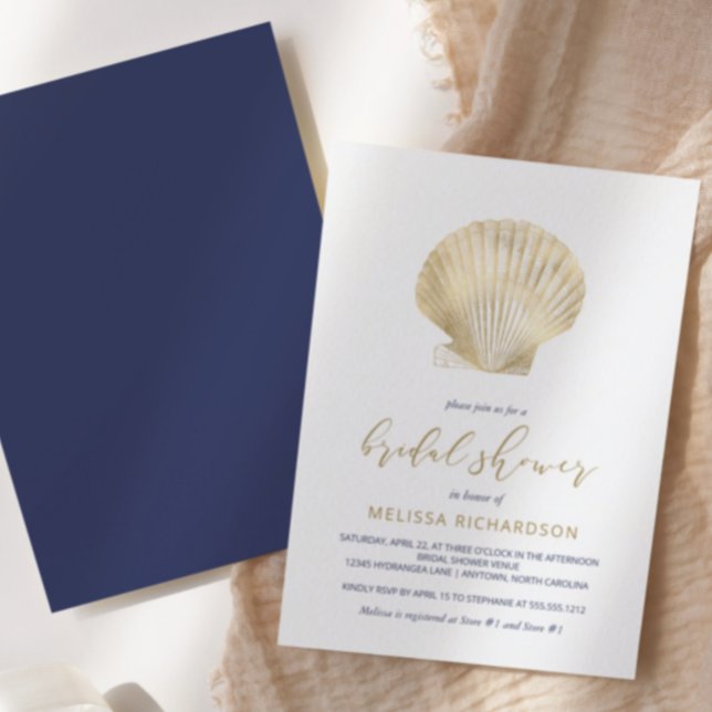 Invitation Gold Seashell Navy Blue Beach Fête des mariées (Créateur téléchargé)