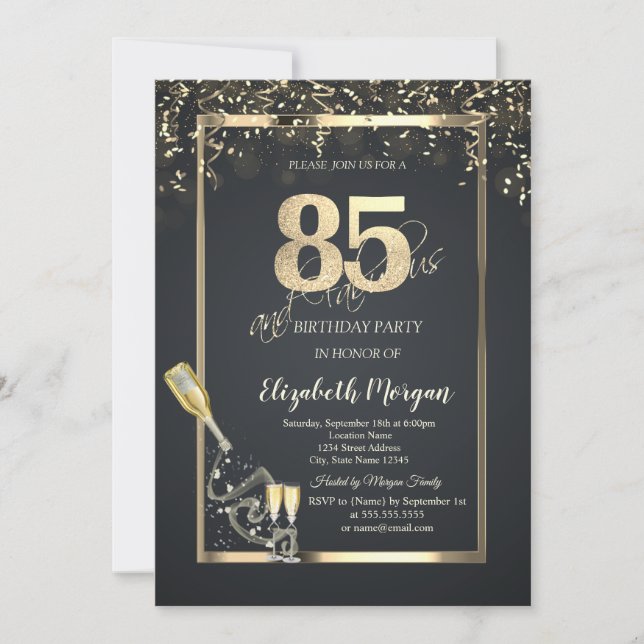 Invitation Gold Sequins,Wine Glass Bottle Gray 85th  (Devant)