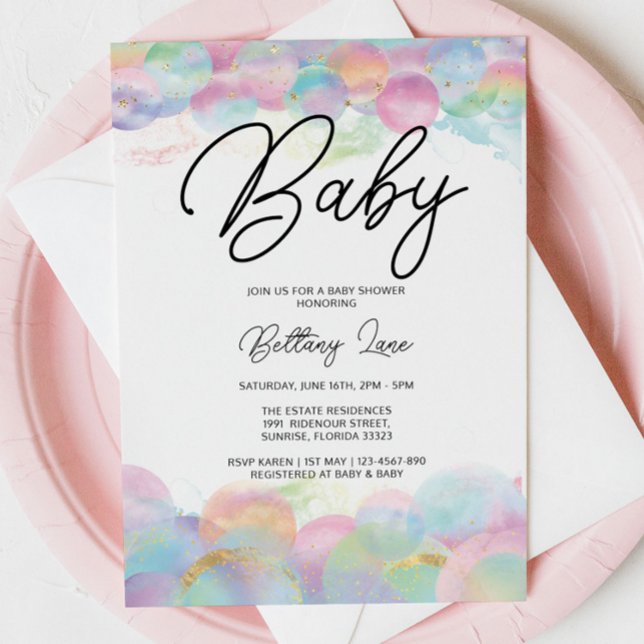 Invitation Gold Shimmer et bulle Rainbow 1er Baby shower (Créateur téléchargé)
