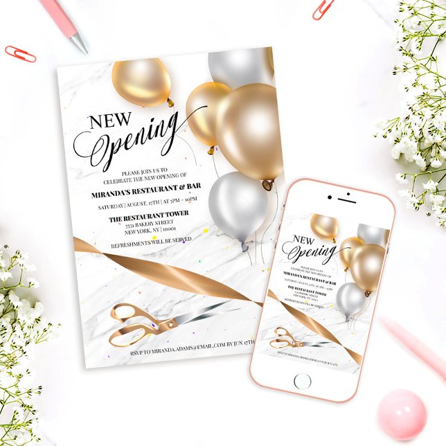 Invitation Gold Silver Balloons Restaurant NOUVELLE Ouverture (Créateur téléchargé)