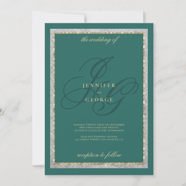 Invitation Gold silver jade green monogram initals wedding (Devant)