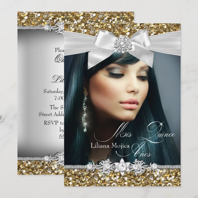 Invitation Gold Silver Parties scintillant Bow Photo Quincean (Devant / Derrière)