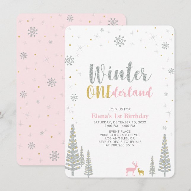 Invitation Gold & Silver Winter onederland 1ère fête d'annive (Devant / Derrière)