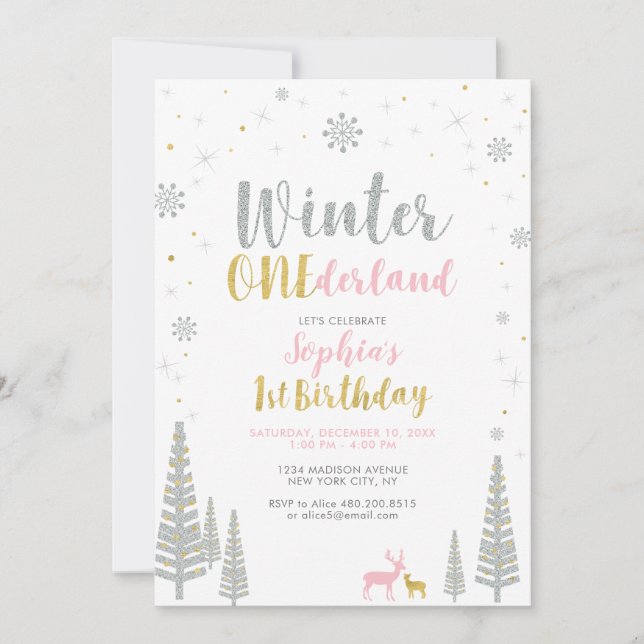 Invitation Gold & Silver Winter onederland 1ère fête d'annive (Devant)