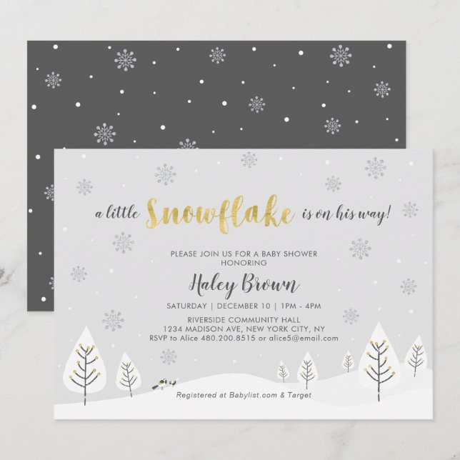 Invitation Gold & Silver Winter Wonderland Boy Baby shower (Devant / Derrière)