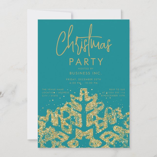 Invitation Gold Snowflake Corporate Christmas Party Turquoise (Devant)