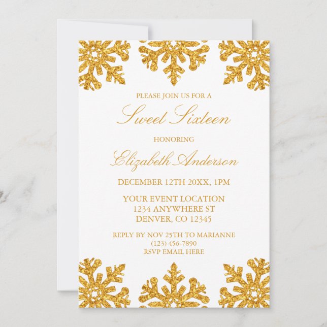 Invitation Gold Snowflake Winter Sweet 16 (Devant)