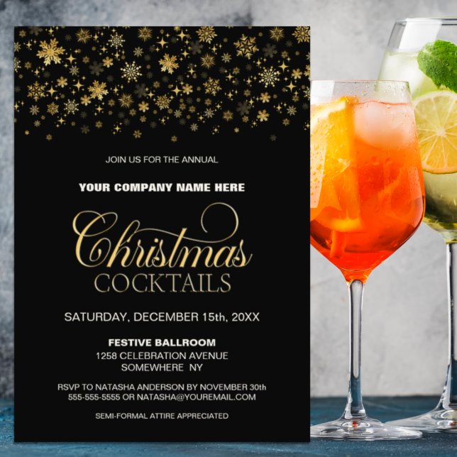 Invitation Gold Snowflakes Black Christmas Cocktail Party (Créateur téléchargé)