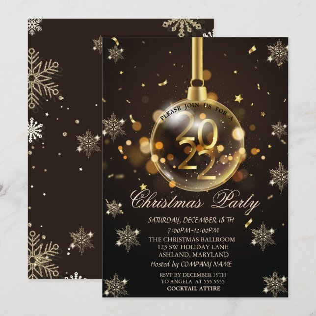 Invitation Gold Snowflakes, Christmas Ball 2022 Company (Devant / Derrière)