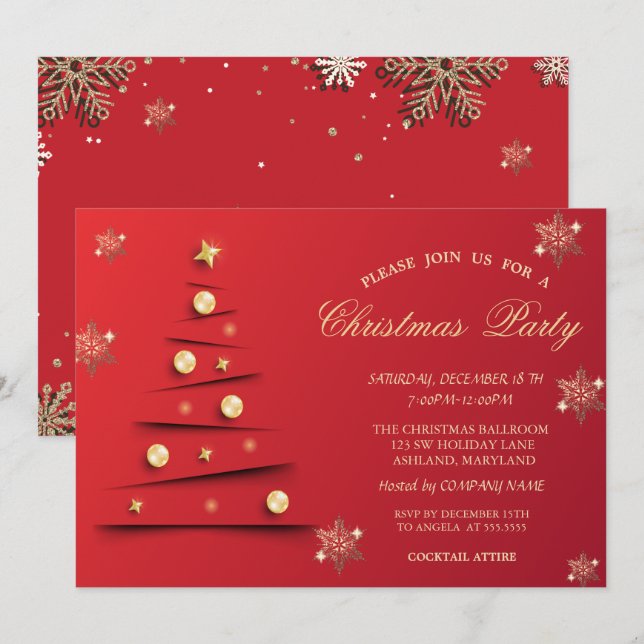 Invitation Gold Snowflakes, Christmas Tree Balls Company (Devant / Derrière)