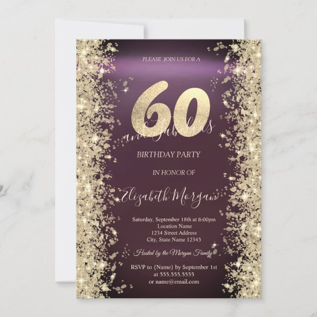 Invitation Gold Sparkle Diamonds Bourgogne 60e anniversaire (Devant)