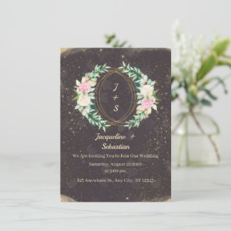 Invitation Gold Sparkle Floral Wreath Wedding