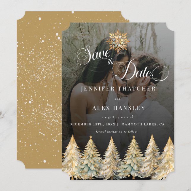 Invitation Gold Sparkle Noel Mariage Enregistrer la date (Devant / Derrière)