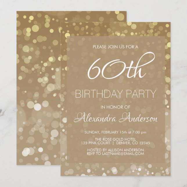 Invitation Gold Sparkle Parties scintillant Lumières 60e fête (Devant / Derrière)