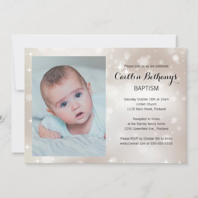Invitation Gold Sparkle Photo Baby Baptism Christening (Devant)