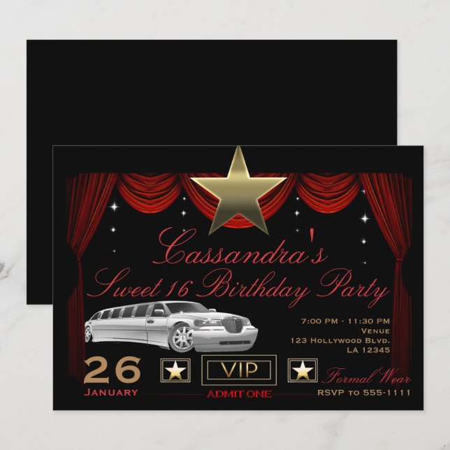 Invitation Gold Star Black Red Limo Hollywood fête d'annivers (Devant / Derrière)