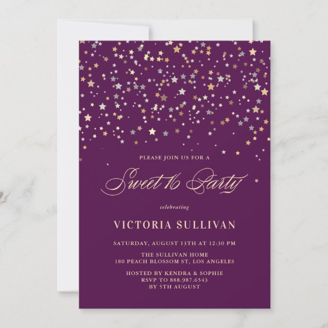 Invitation Gold Star Confetti Sweet sixteen Party (Devant)