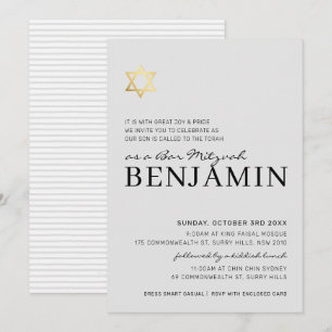 Invitation GOLD STAR moderne Bar Mitzvah gris pâle minimal