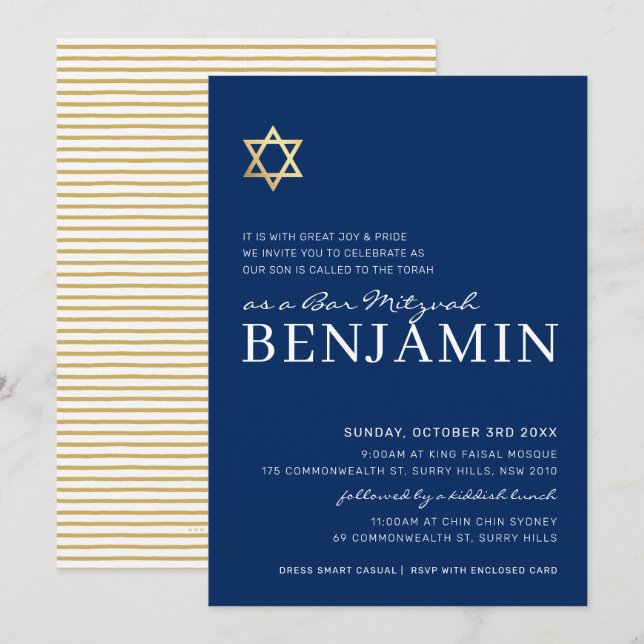 Invitation GOLD STAR moderne Bar Mitzvah marine minimale blan (Devant / Derrière)