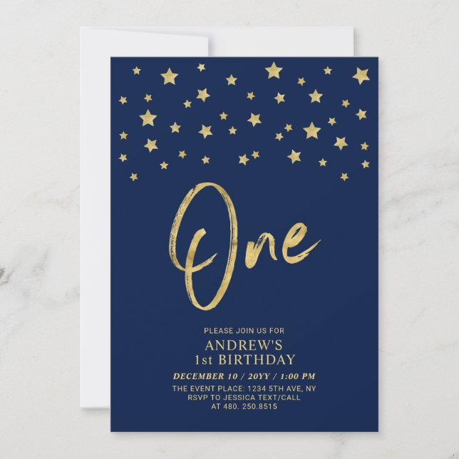 Invitation Gold Star | Navy Blue Un 1er anniversaire (Devant)