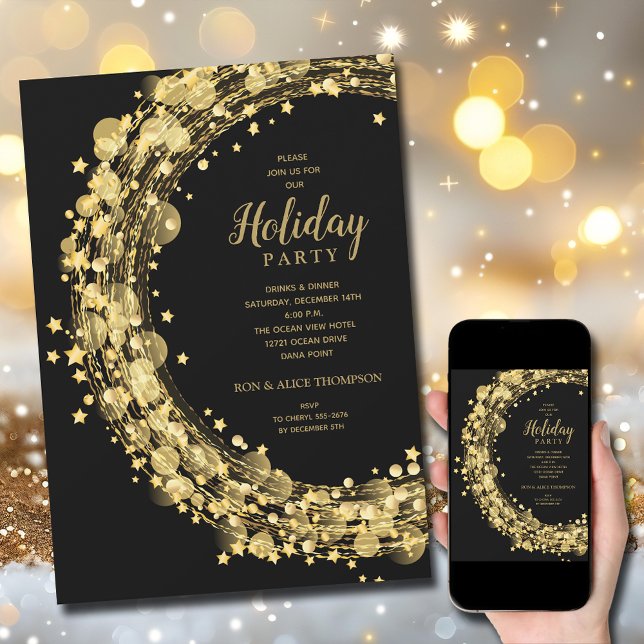 Invitation Gold Star Wreath on Black Christmas Holiday (Gold star wreath on black holiday Christmas invitations, PRINTED and/or INSTANT DOWNLOAD)