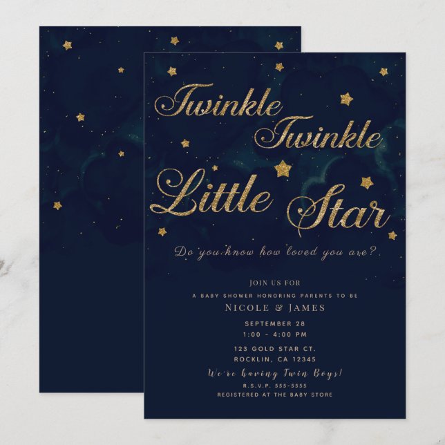 Invitation Gold Stars Bleu foncé nuit Ciel Baby shower jumeau (Devant / Derrière)