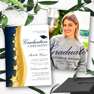 Invitation Gold Stars Blue Graduation Ceremony & Party
