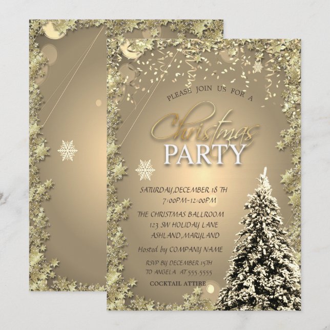 Invitation Gold Stars, Christmas Tree Company Christmas Party (Devant / Derrière)
