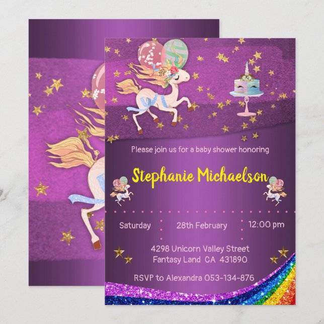 Invitation Gold Stars et Purple Baby shower Unicorn (Devant / Derrière)