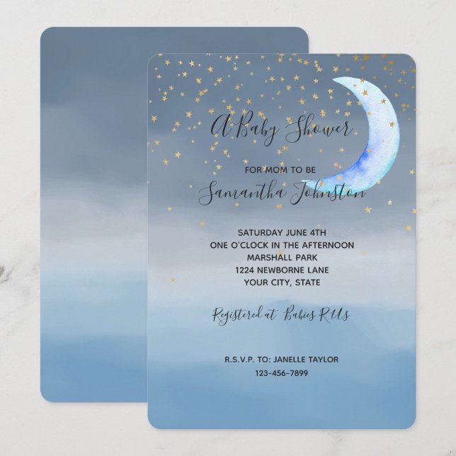 Invitation Gold Stars Moon Blue Ombre (Devant / Derrière)