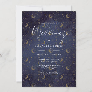 Invitation Gold Stars Moon Midnight Blue Celestin Mariage