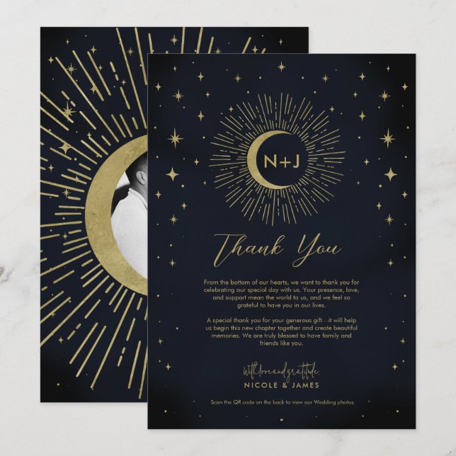 Invitation Gold Stars Night Celestial Sunburst Moon Merci (Devant / Derrière)
