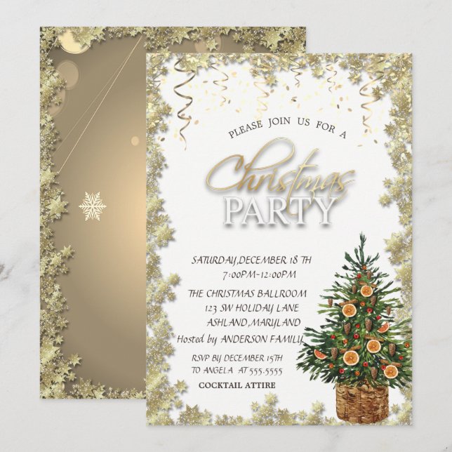 Invitation Gold Stars, Noël Arbre Orange Noël (Devant / Derrière)