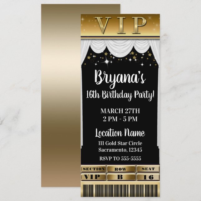 Invitation Gold Stars Rideaux blancs élégante Party VIP Ticke (Devant / Derrière)