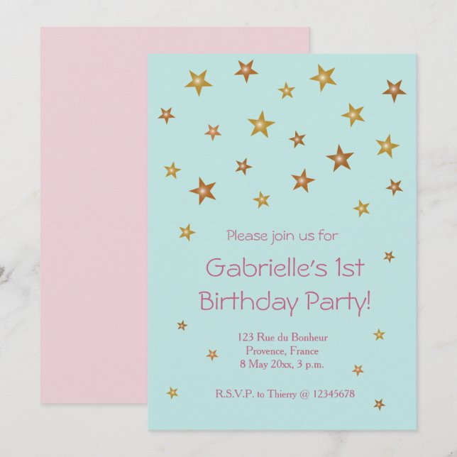 Invitation Gold Stars Rose Turquoise Sweet Baby Anniversaire  (Devant / Derrière)