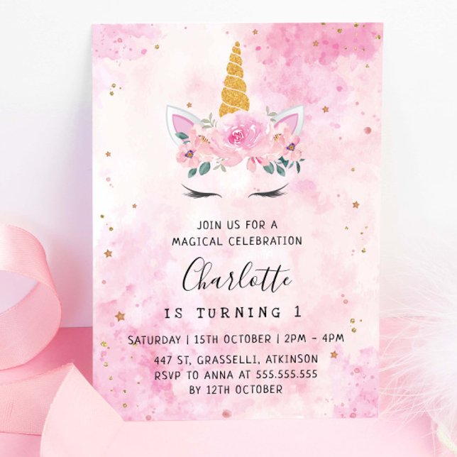 Invitation Gold Stars Turquoise rose Unicorn Anniversaire (Créateur téléchargé)