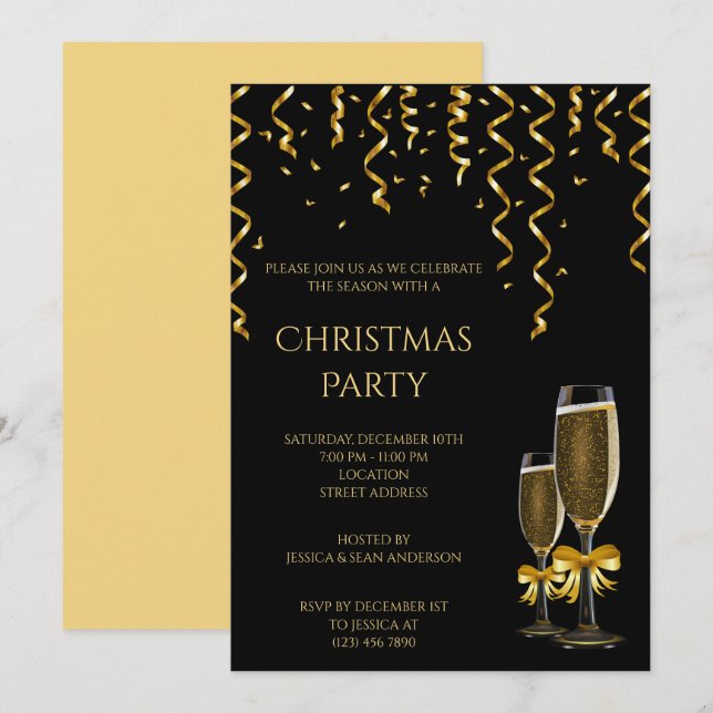 Invitation Gold Streamers & Champagne Christmas (Devant / Derrière)