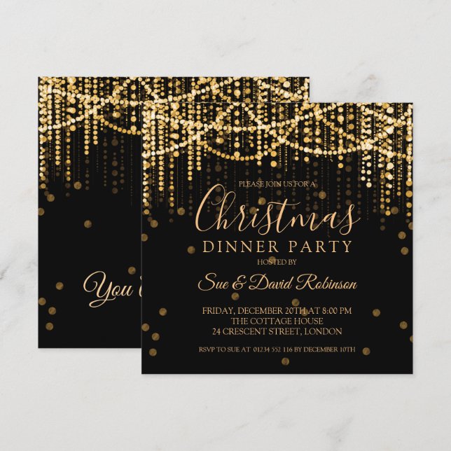 Invitation Gold String Lights Noël Fête Dîner (Devant / Derrière)