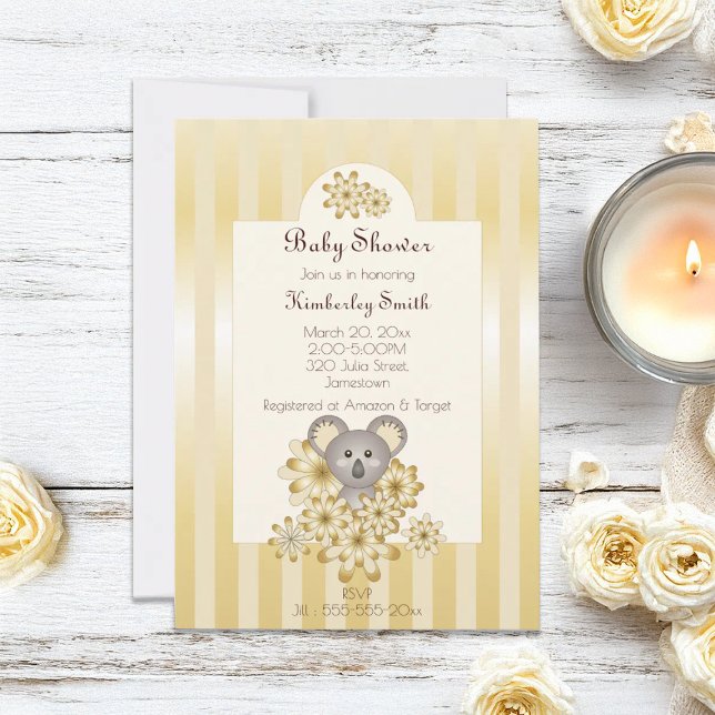 Invitation Gold Stripe Cute Koala Baby shower neutre genre (Créateur téléchargé)